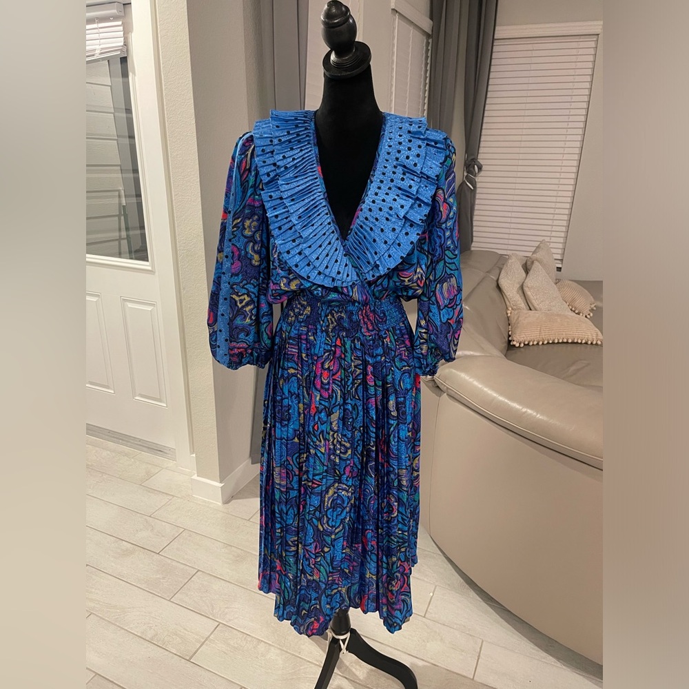 Vintage 80’s Susan Tudor floral Print Accordion Pleat Ruffle Maxi Dress M